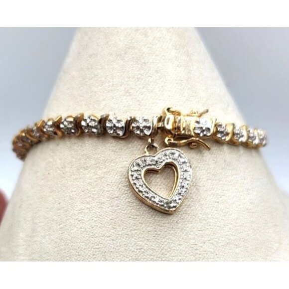 Gold Plated Sterling Silver CZ Tennis Bracelet With Dangle Heart Charm - Picture 5 of 6